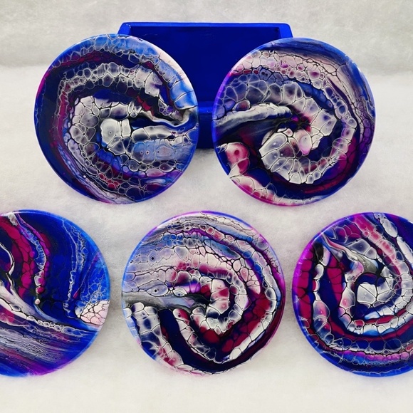 Unique, 1-of-a-kind 6 pc coaster set Deep Blue Pink & holder WOOD - Picture 2 of 4